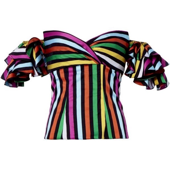 CAROLINE CONSTAS Rainbow Stripe Sweetheart Neck Ruffled Off Shoulder Top XS - Picture 11 of 11